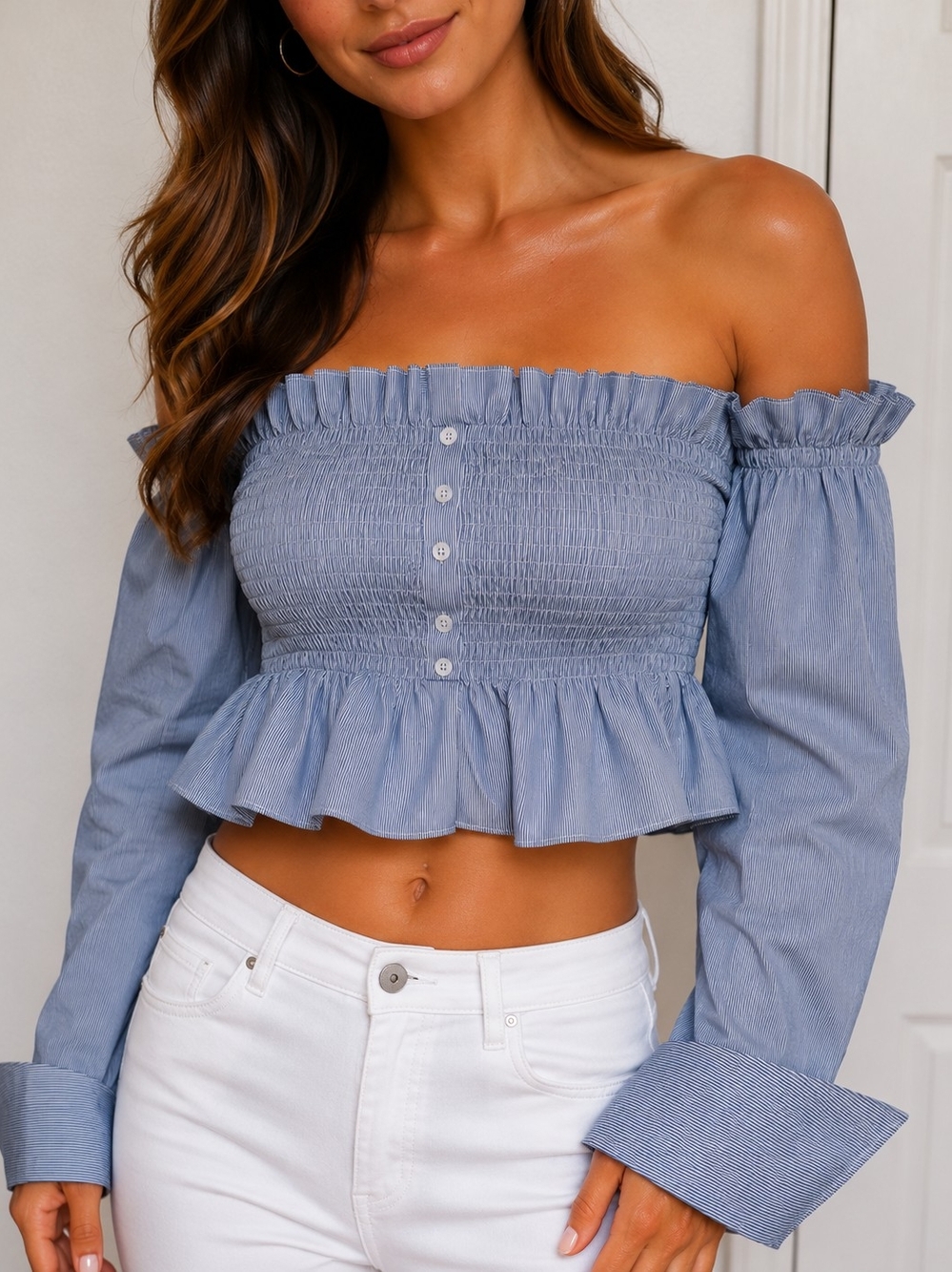 Smocked Off-Shoulder Ruffle Crop Top - Pin Striped Blue And White